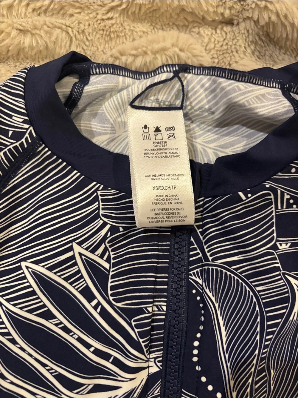Beach House Navy & White Tropical Leaf Zip Rash Guard